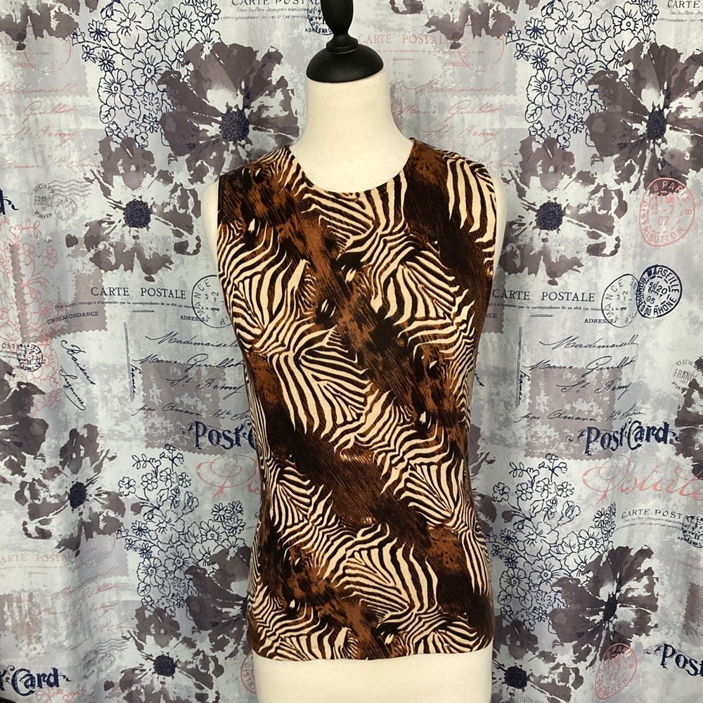 Joseph A Vintage Brown and Black Zebra Print Silk Tank Top 90s